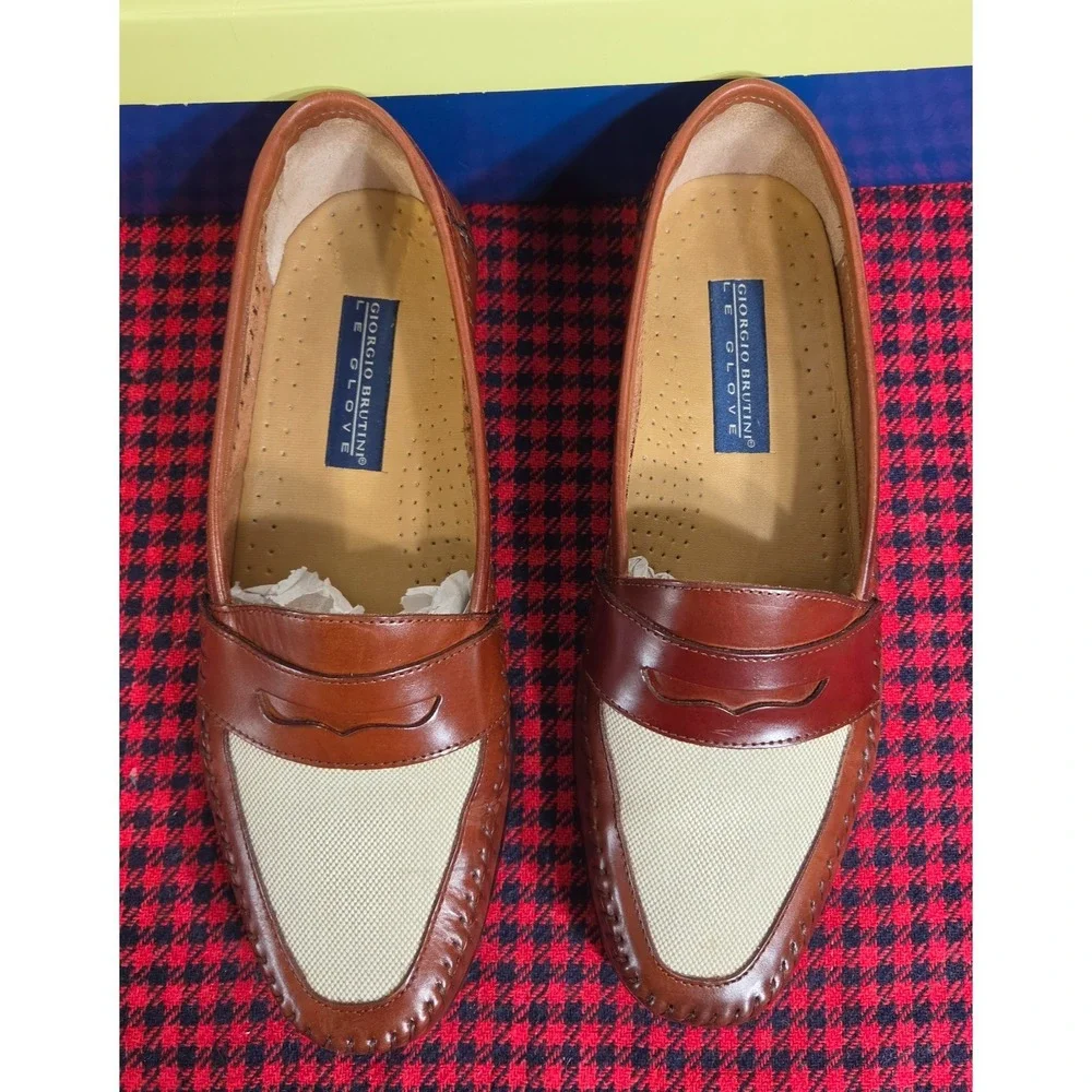 Giorgio Brutini Le Glove Penny Loafers Two Tone Brown Leather Canvas Mens 10M